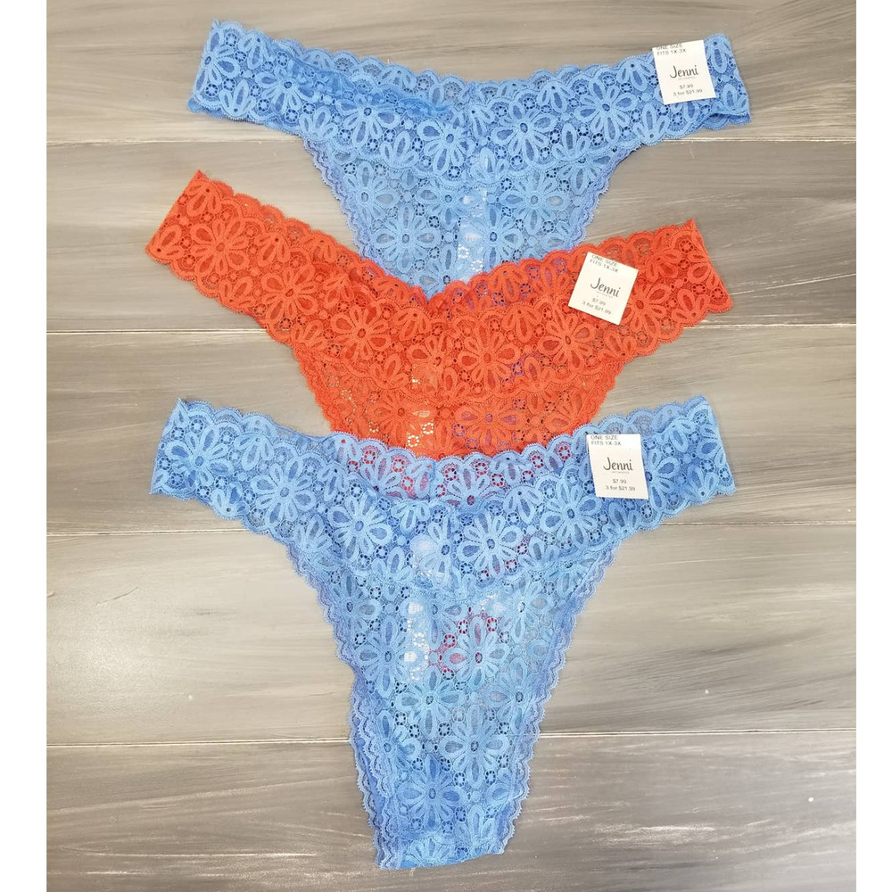 Jenni Floral Lace Thong Underwear 3 Pair Plus Size One Size Fits 1X-3X